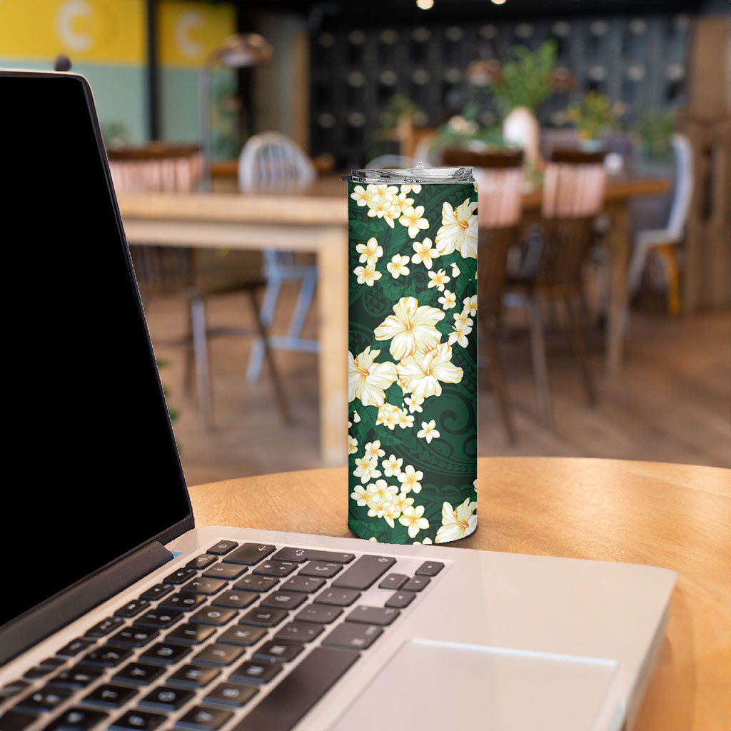 Hawaii Hibiscus Plumeria Green Skinny Tumbler Polynesian Pattern