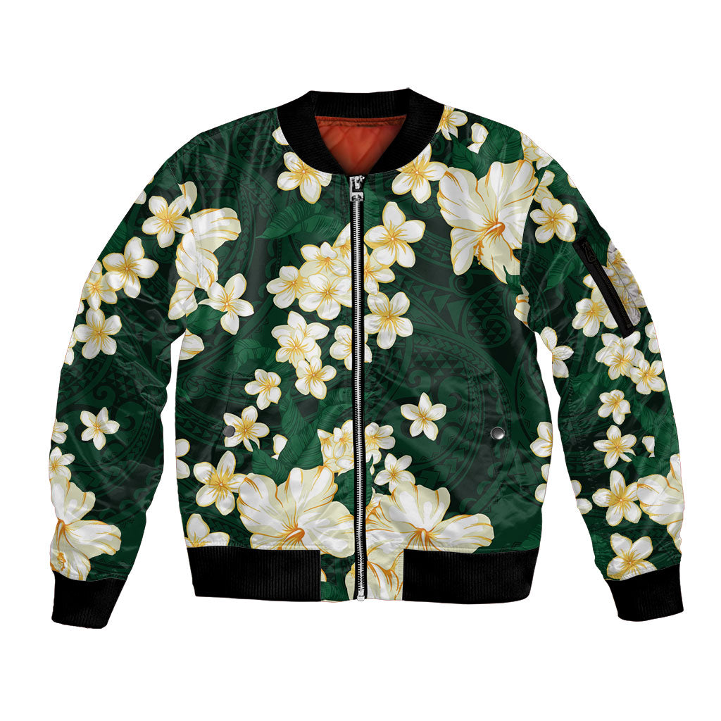 Hawaii Hibiscus Plumeria Green Sleeve Zip Bomber Jacket Polynesian Pattern LT01 Unisex Green - Polynesian Pride