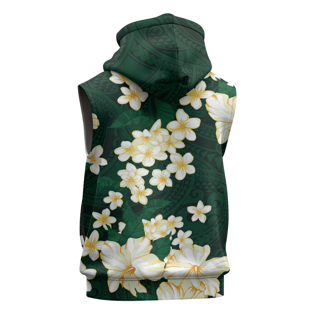 Hawaii Hibiscus Plumeria Green Sleeveless Hoodie Polynesian Pattern