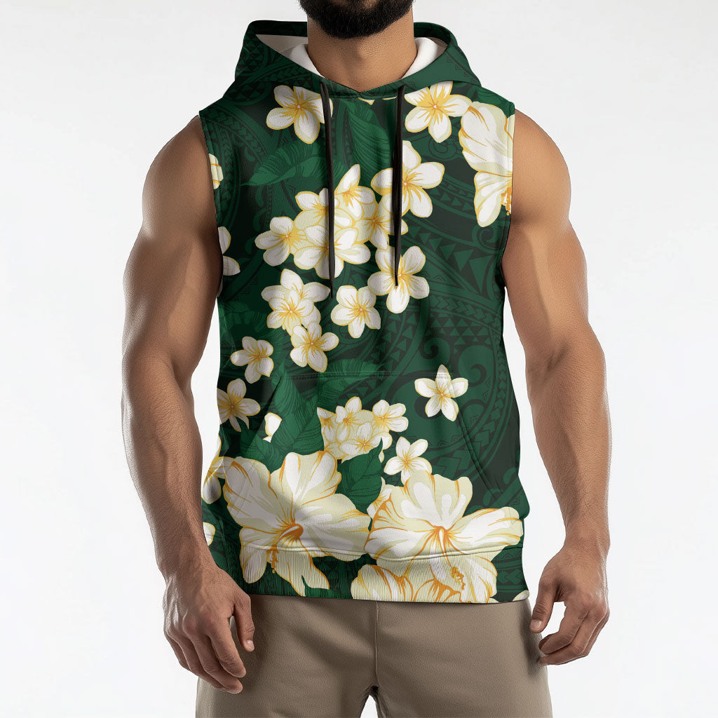 Hawaii Hibiscus Plumeria Green Sleeveless Hoodie Polynesian Pattern