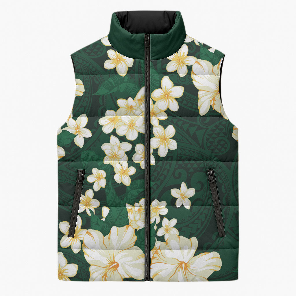 Hawaii Hibiscus Plumeria Green Sleeveless Puffer Jacket Polynesian Pattern