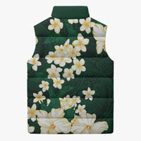 Hawaii Hibiscus Plumeria Green Sleeveless Puffer Jacket Polynesian Pattern