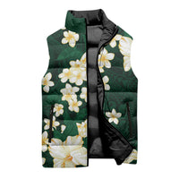 Hawaii Hibiscus Plumeria Green Sleeveless Puffer Jacket Polynesian Pattern