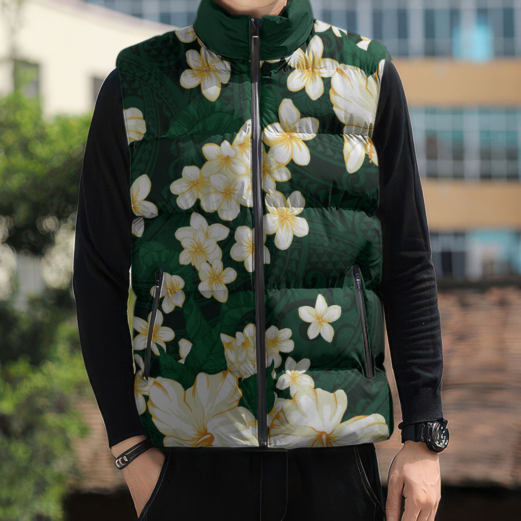 Hawaii Hibiscus Plumeria Green Sleeveless Puffer Jacket Polynesian Pattern
