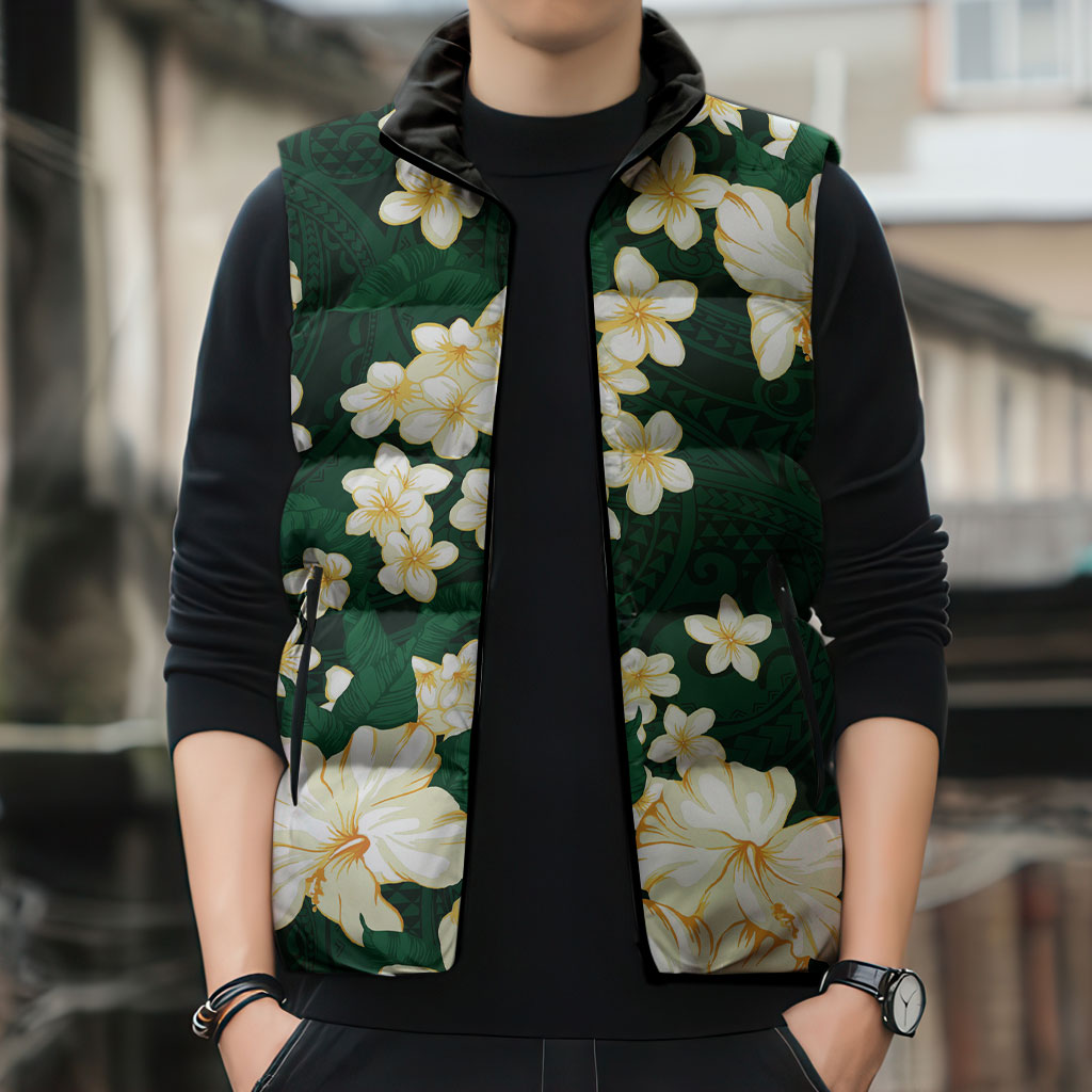 Hawaii Hibiscus Plumeria Green Sleeveless Puffer Jacket Polynesian Pattern