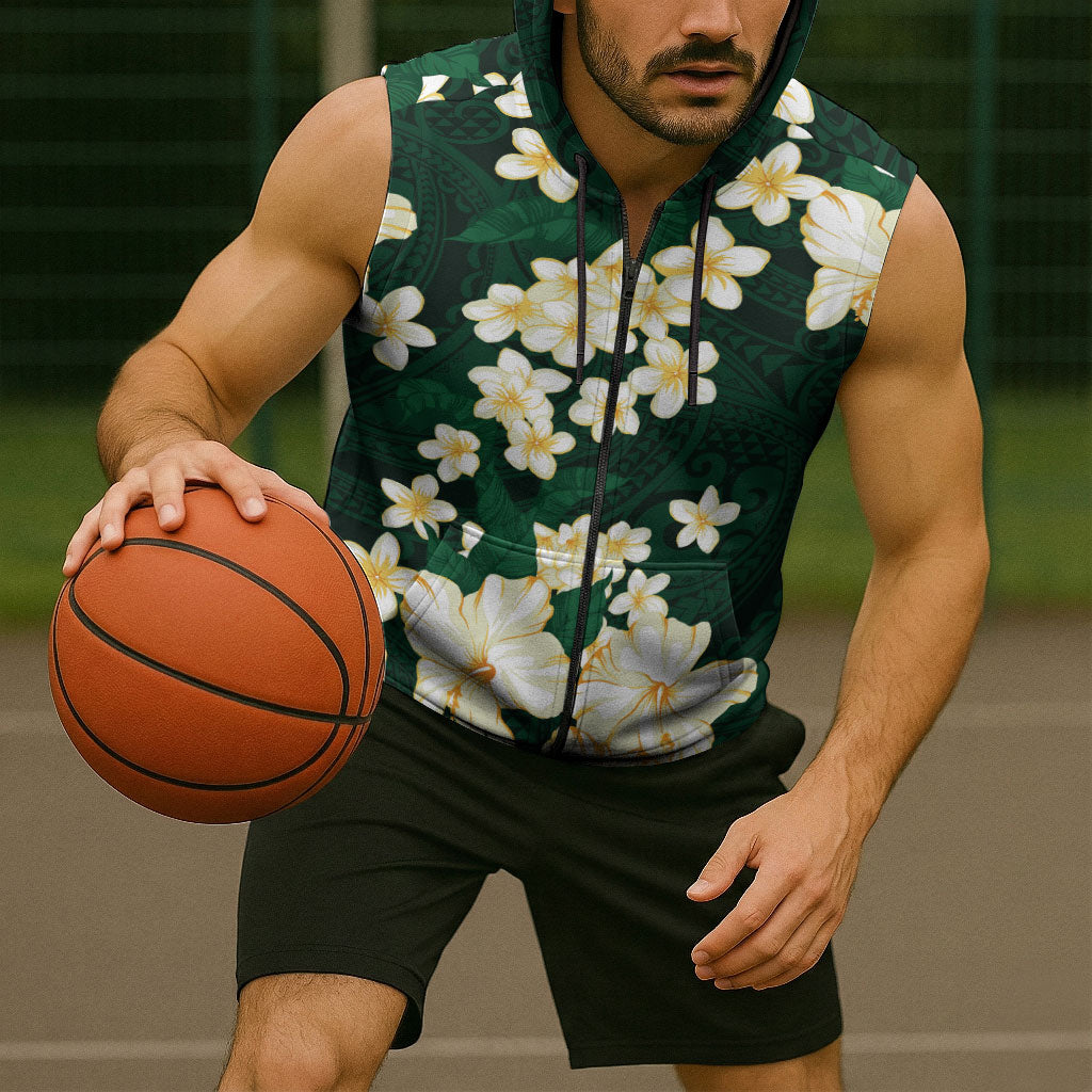 Hawaii Hibiscus Plumeria Green Sleeveless Zip Hoodie Polynesian Pattern