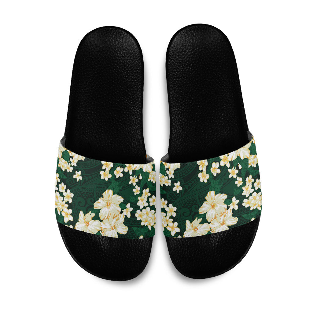 Hawaii Hibiscus Plumeria Green Slide Sandals Polynesian Pattern