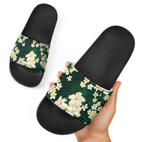 Hawaii Hibiscus Plumeria Green Slide Sandals Polynesian Pattern