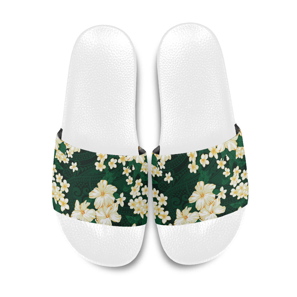 Hawaii Hibiscus Plumeria Green Slide Sandals Polynesian Pattern