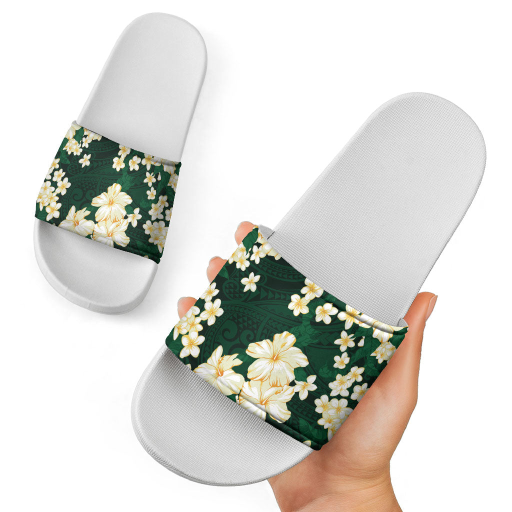 Hawaii Hibiscus Plumeria Green Slide Sandals Polynesian Pattern