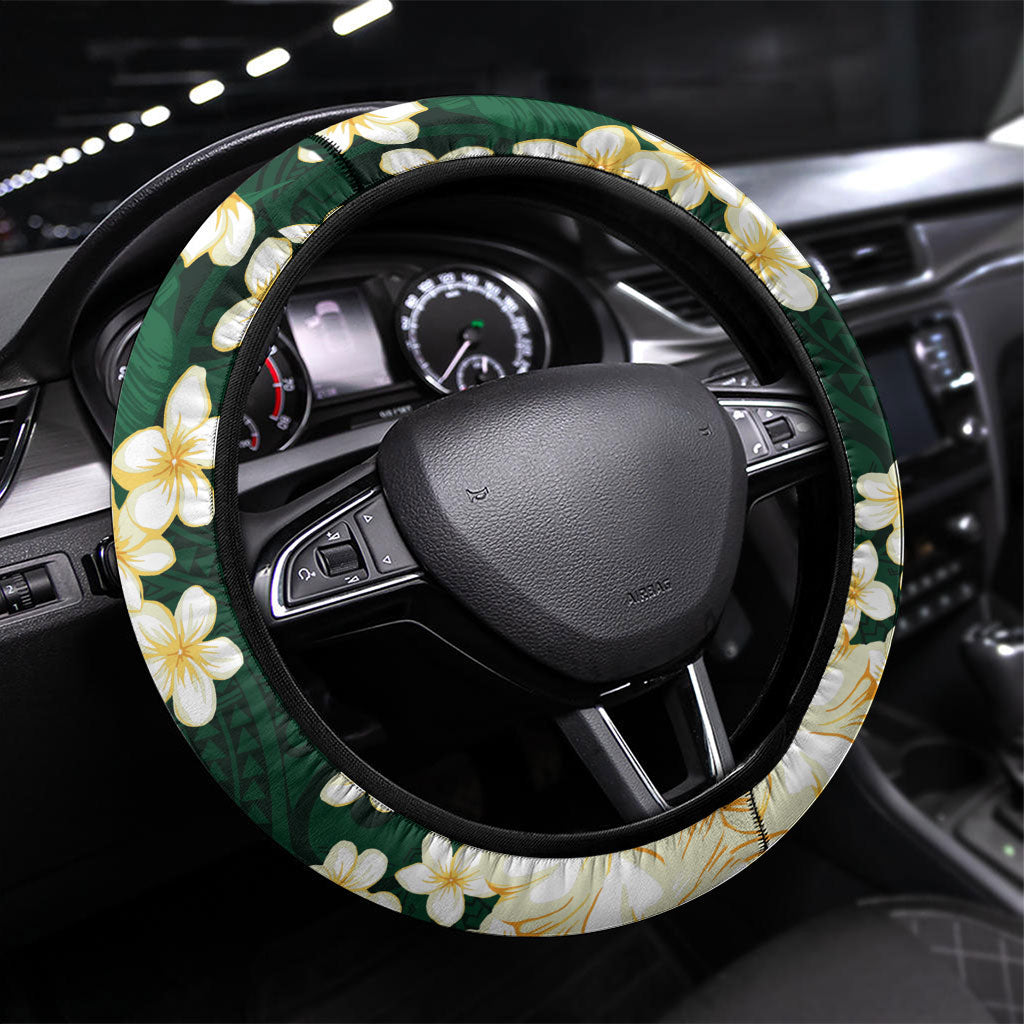 Hawaii Hibiscus Plumeria Green Steering Wheel Cover Polynesian Pattern