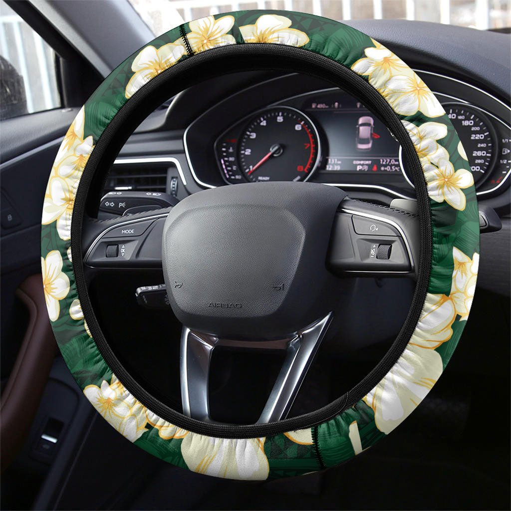 Hawaii Hibiscus Plumeria Green Steering Wheel Cover Polynesian Pattern