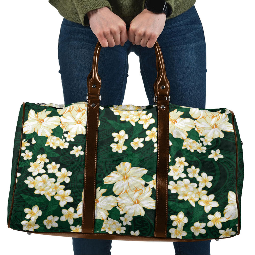 Hawaii Hibiscus Plumeria Green Travel Bag Polynesian Pattern
