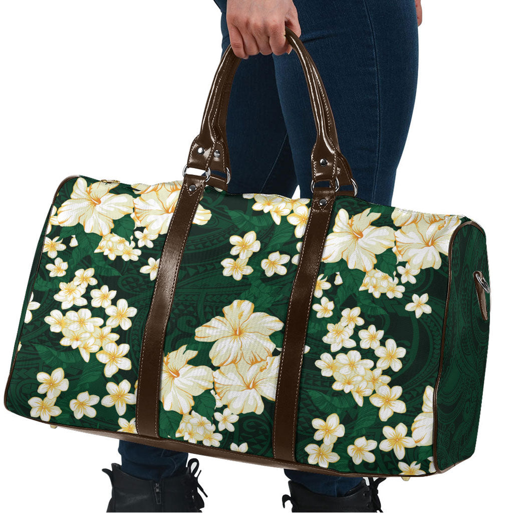 Hawaii Hibiscus Plumeria Green Travel Bag Polynesian Pattern