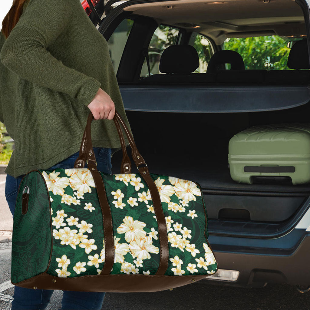 Hawaii Hibiscus Plumeria Green Travel Bag Polynesian Pattern