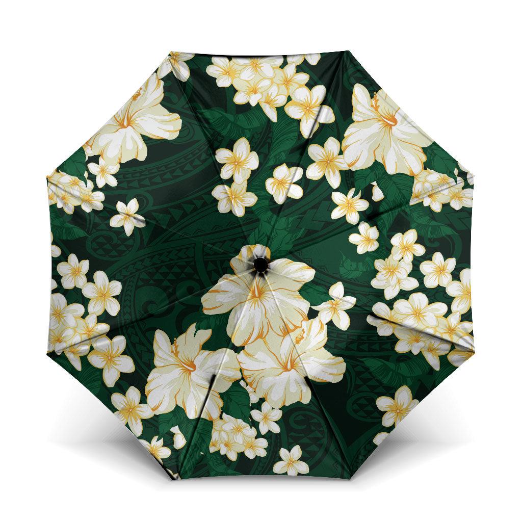 Hawaii Hibiscus Plumeria Green Umbrella Polynesian Pattern LT01 One Size Folded 11.42 inch Opened Diameter 37.4 inch Green - Polynesian Pride
