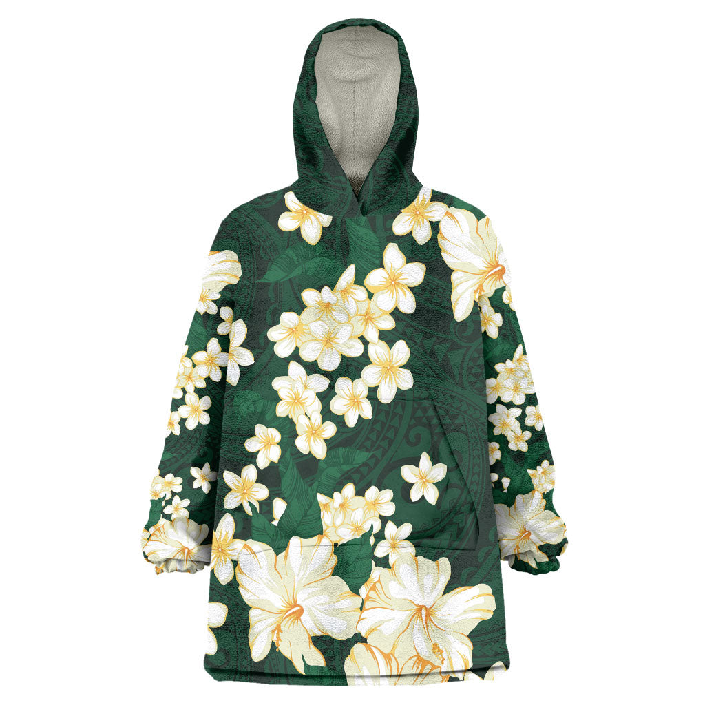 Hawaii Hibiscus Plumeria Green Wearable Blanket Hoodie Polynesian Pattern LT01 One Size Green - Polynesian Pride