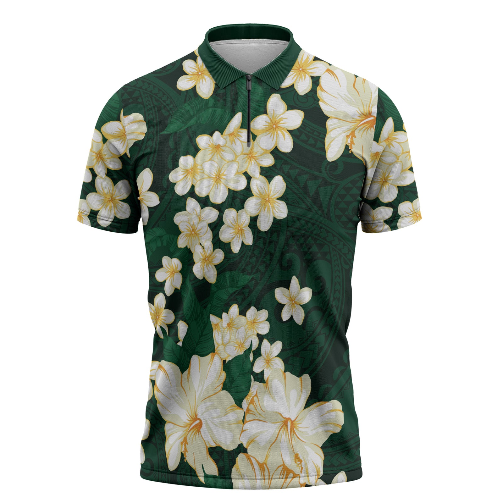 Hawaii Hibiscus Plumeria Green Zipper Polo Shirt Polynesian Pattern