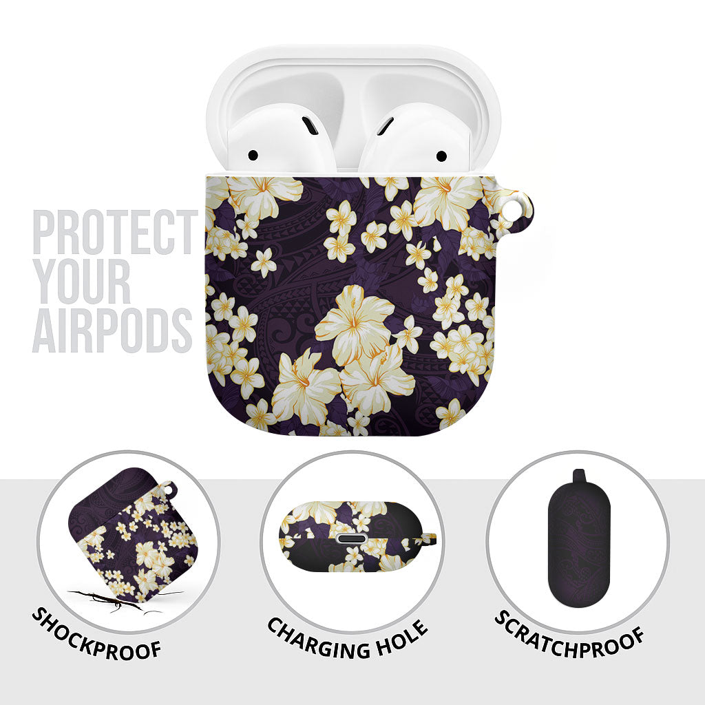 Hawaii Hibiscus Plumeria Purple AirPods Case Polynesian Pattern