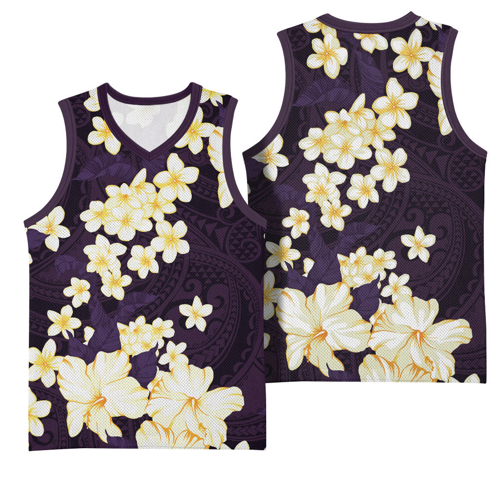 Hawaii Hibiscus Plumeria Purple Basketball Jersey Polynesian Pattern
