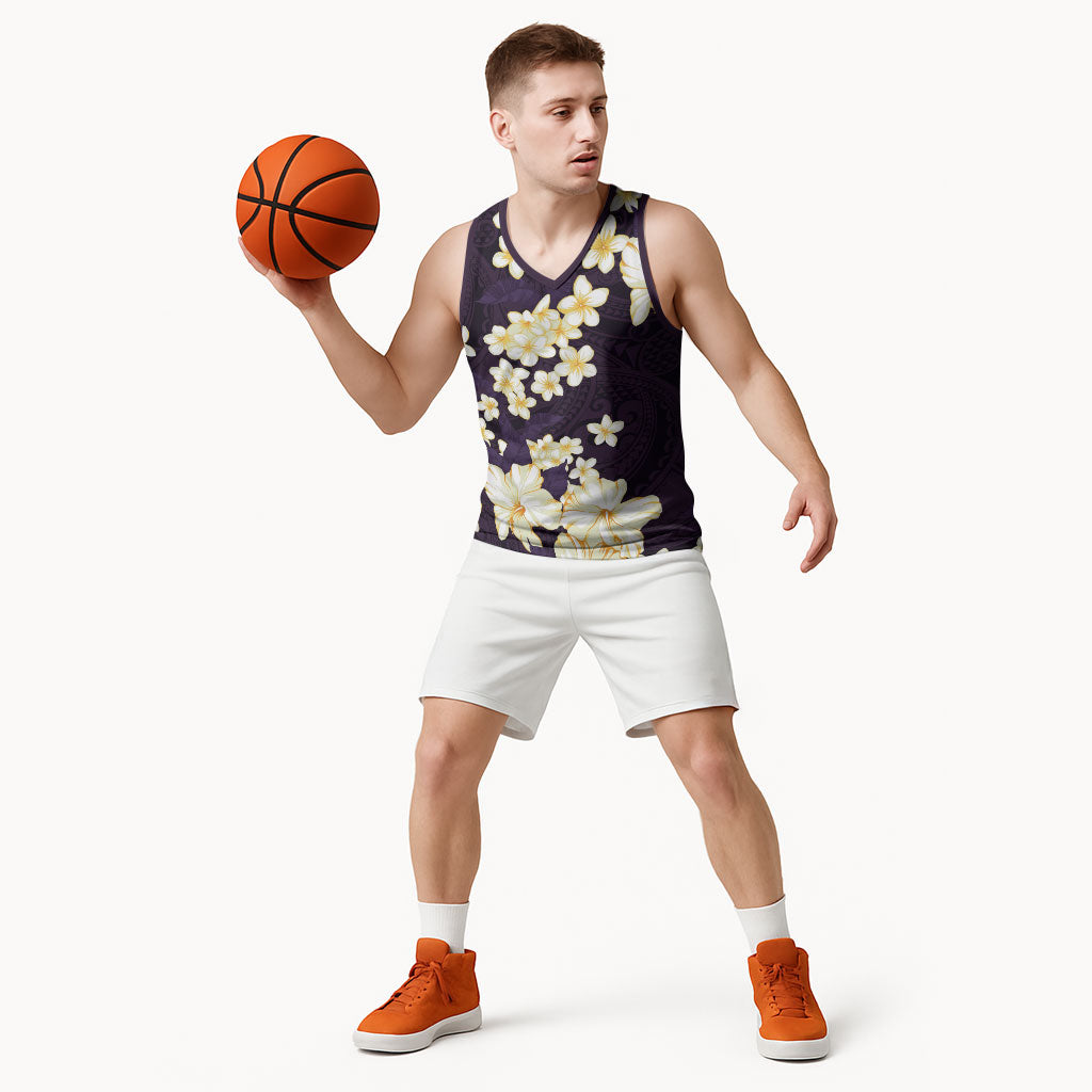 Hawaii Hibiscus Plumeria Purple Basketball Jersey Polynesian Pattern