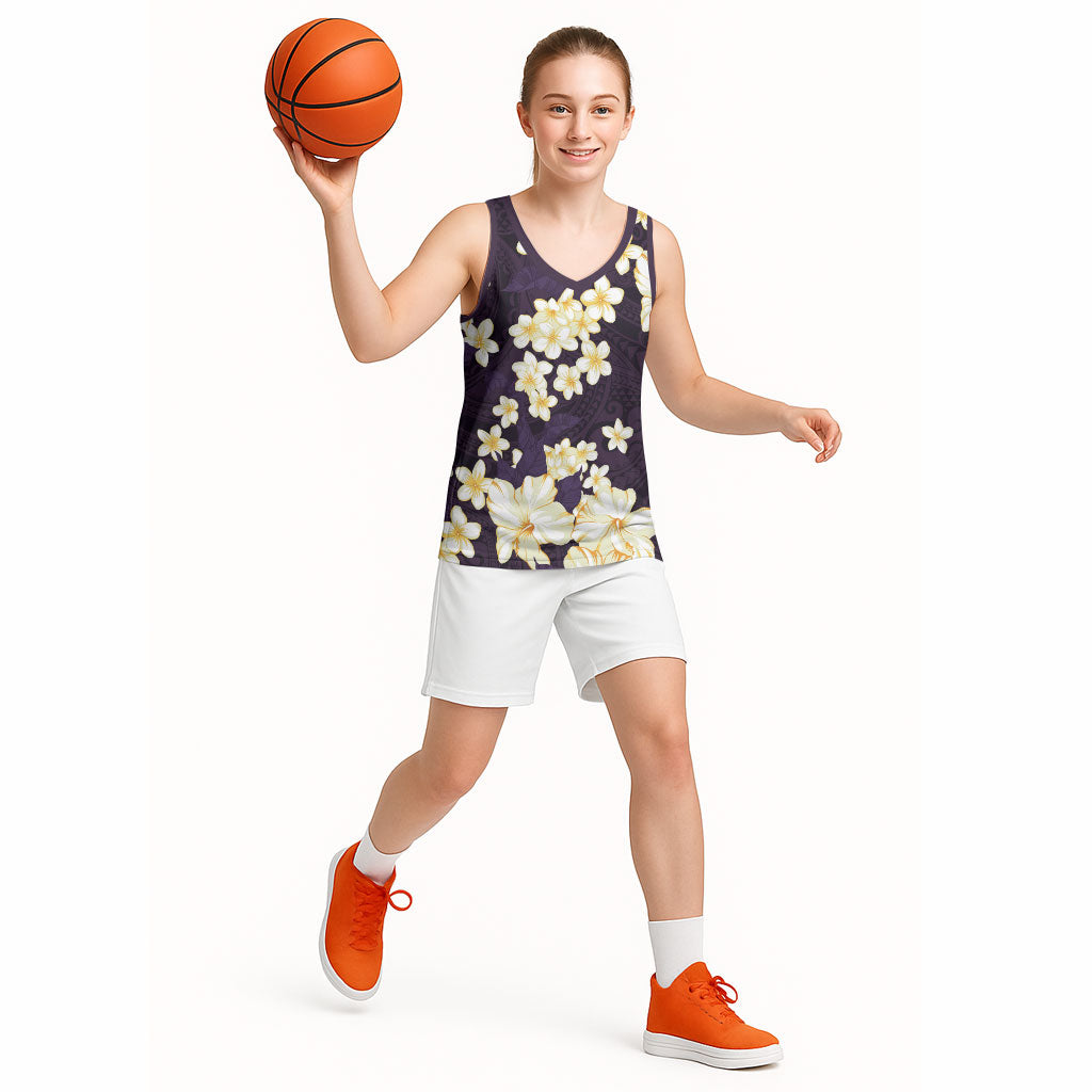 Hawaii Hibiscus Plumeria Purple Basketball Jersey Polynesian Pattern