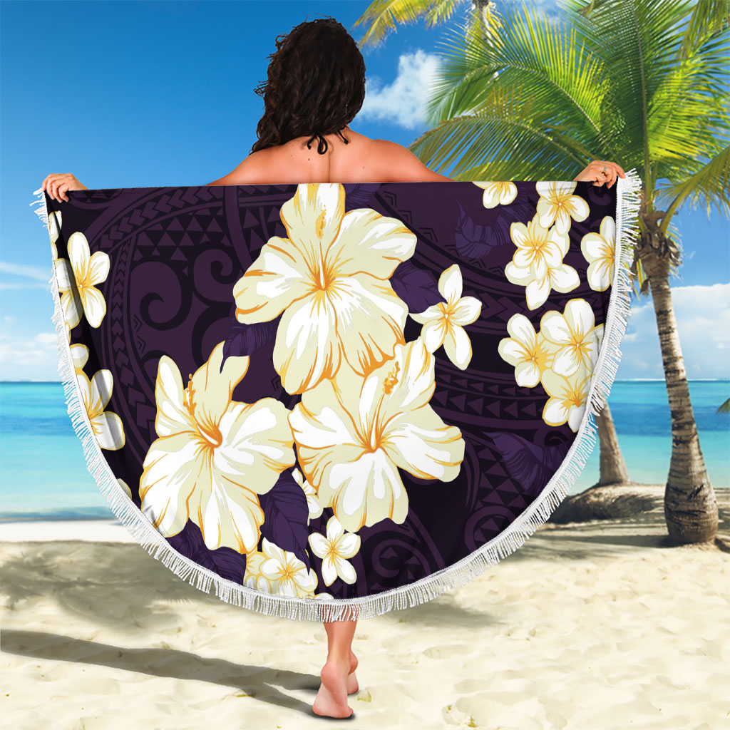 Hawaii Hibiscus Plumeria Purple Beach Blanket Polynesian Pattern