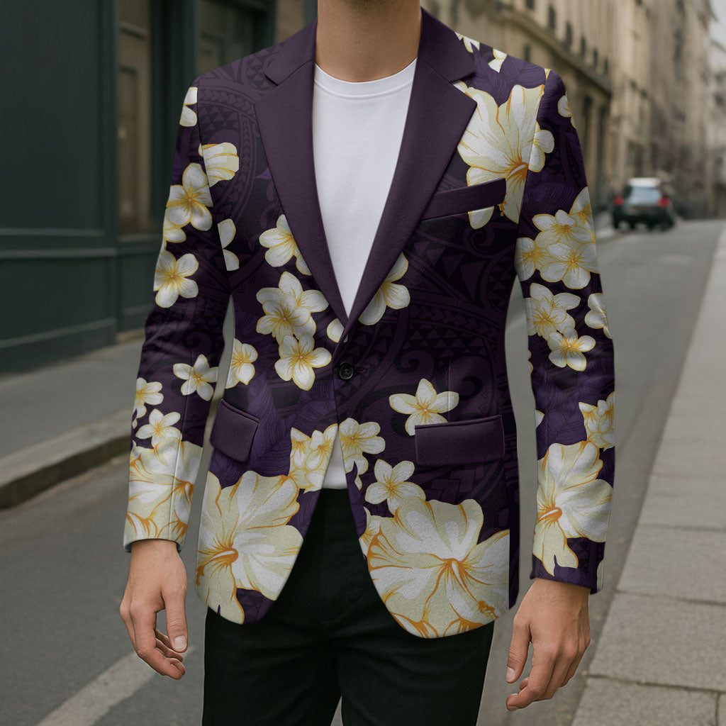 Hawaii Hibiscus Plumeria Purple Blazer Polynesian Pattern