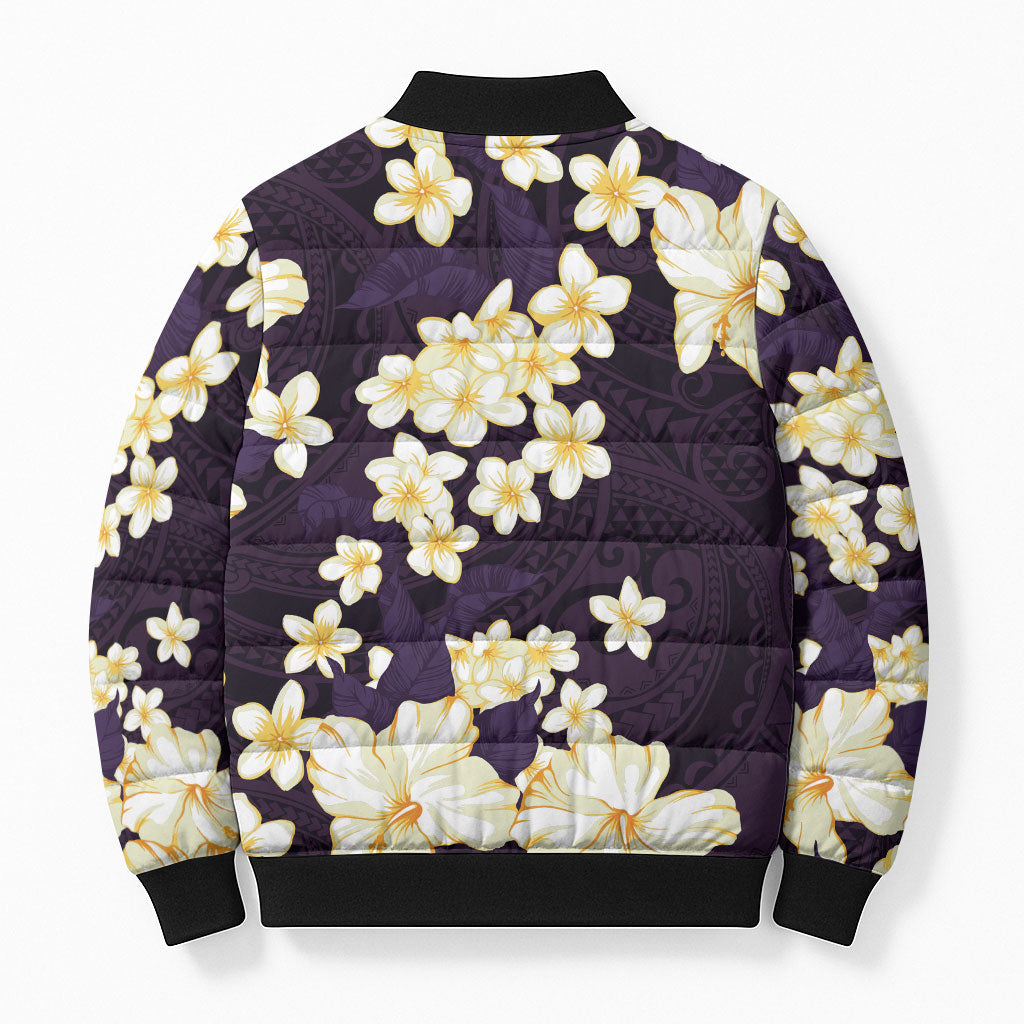 Hawaii Hibiscus Plumeria Purple Bomber Puffer Jacket Polynesian Pattern