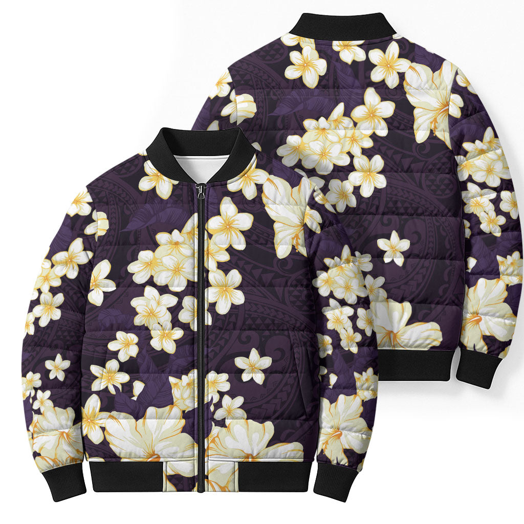 Hawaii Hibiscus Plumeria Purple Bomber Puffer Jacket Polynesian Pattern
