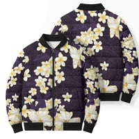 Hawaii Hibiscus Plumeria Purple Bomber Puffer Jacket Polynesian Pattern