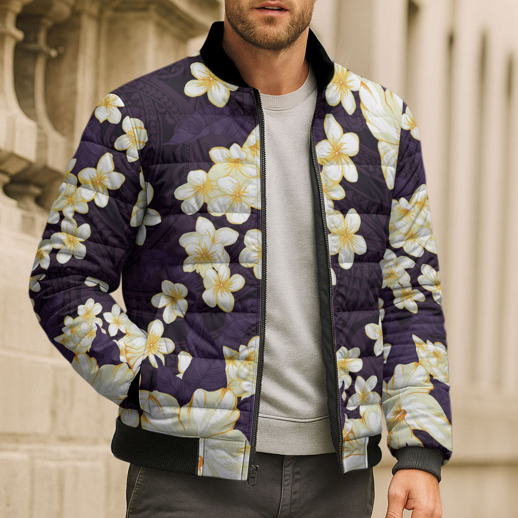Hawaii Hibiscus Plumeria Purple Bomber Puffer Jacket Polynesian Pattern