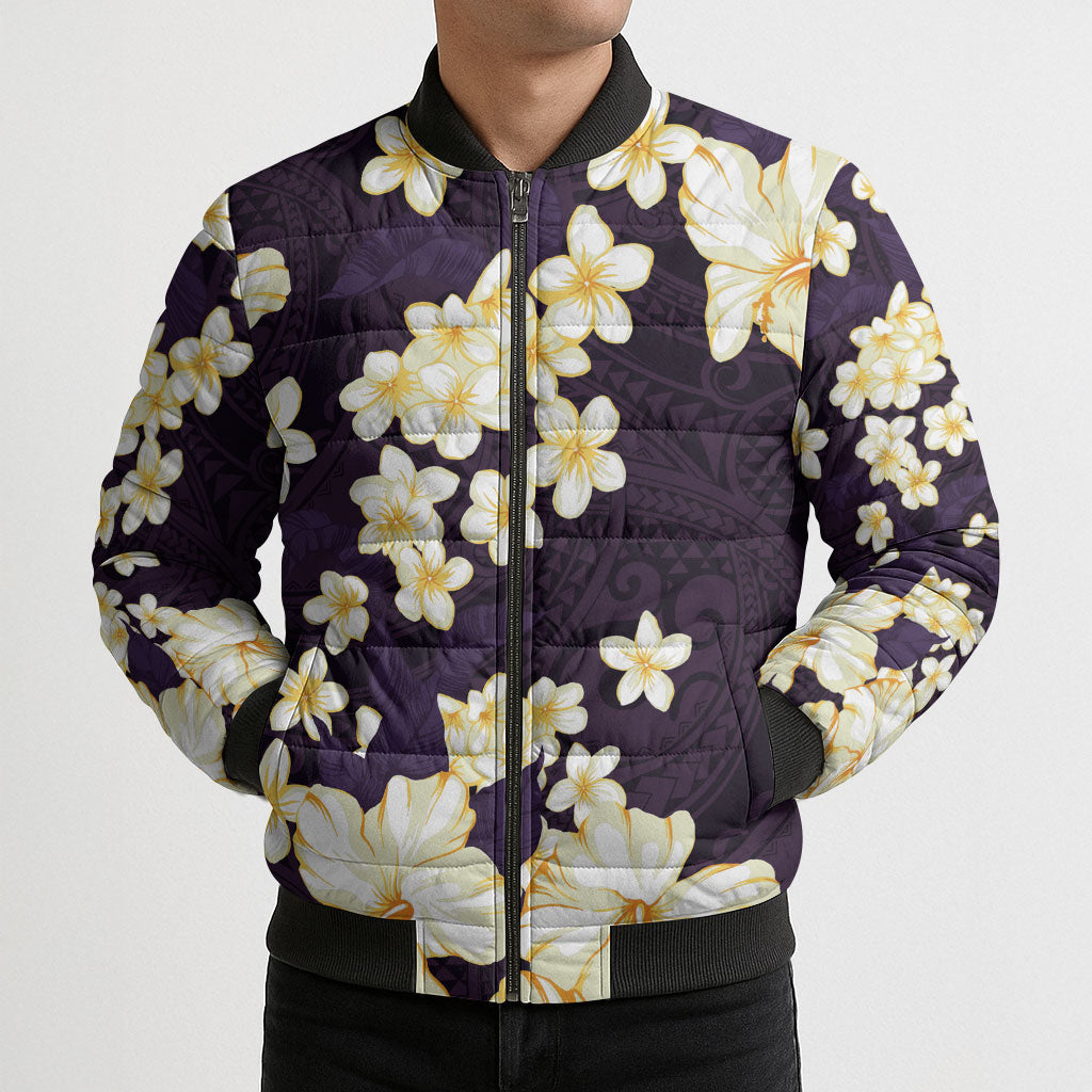 Hawaii Hibiscus Plumeria Purple Bomber Puffer Jacket Polynesian Pattern