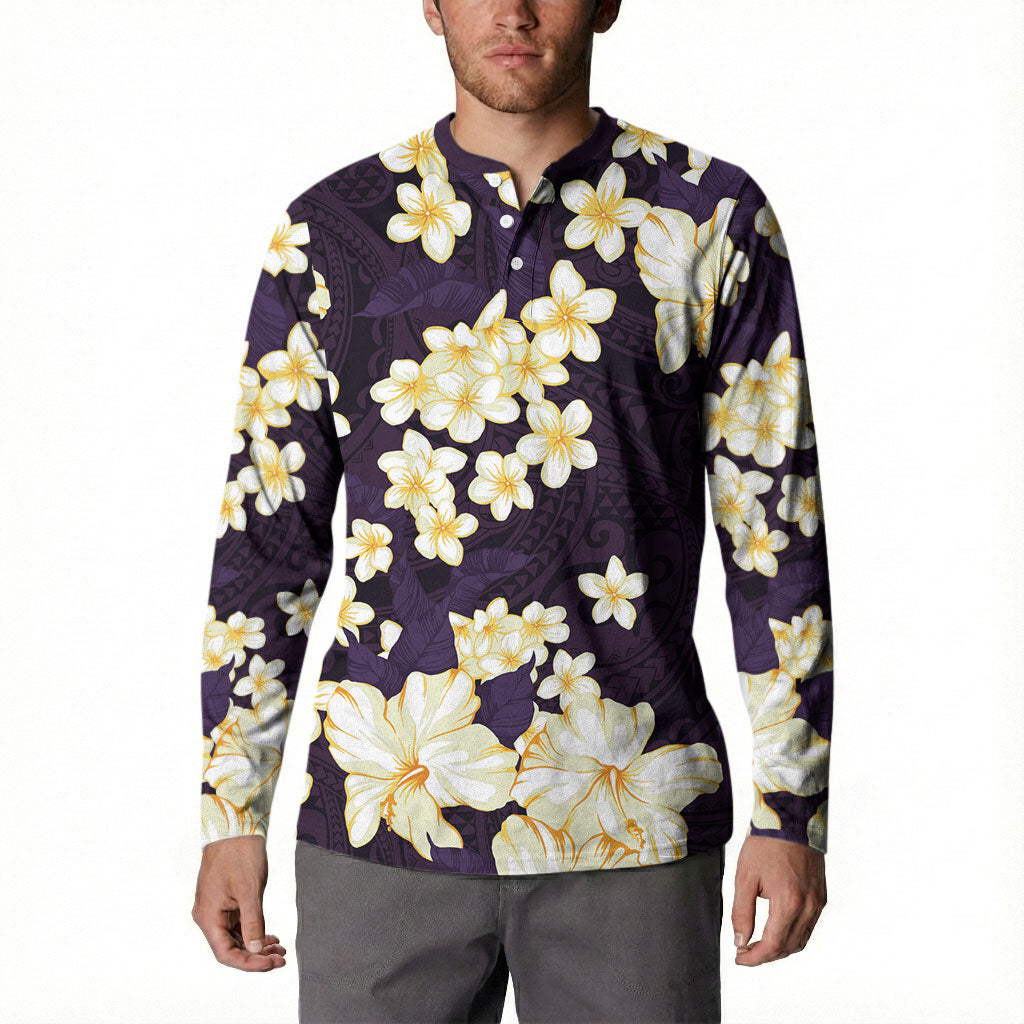 Hawaii Hibiscus Plumeria Purple Button Sweatshirt Polynesian Pattern