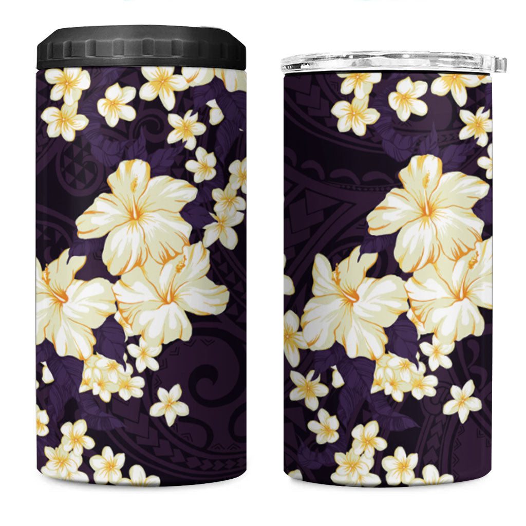 Hawaii Hibiscus Plumeria Purple 4 in 1 Can Cooler Tumbler Polynesian Pattern