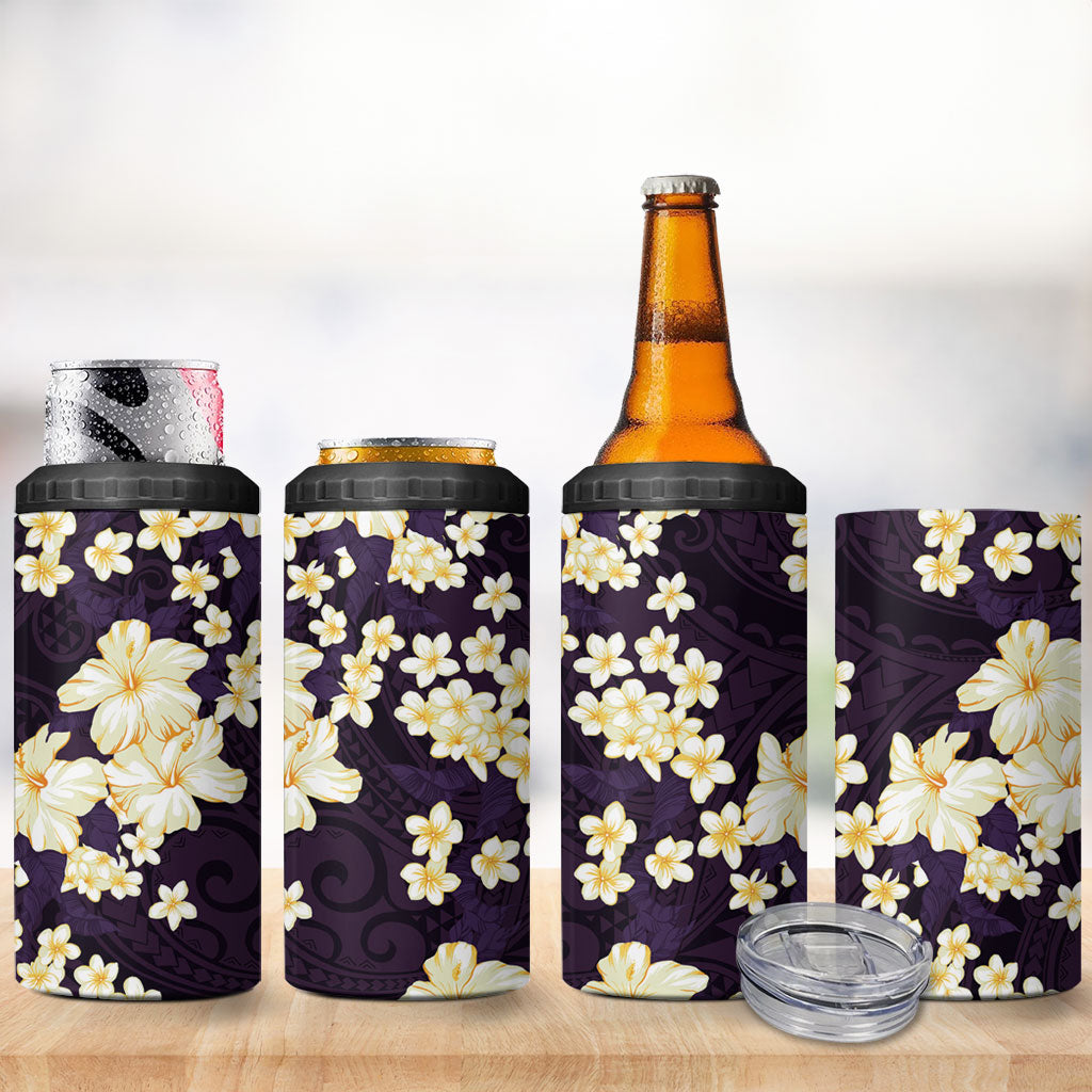 Hawaii Hibiscus Plumeria Purple 4 in 1 Can Cooler Tumbler Polynesian Pattern