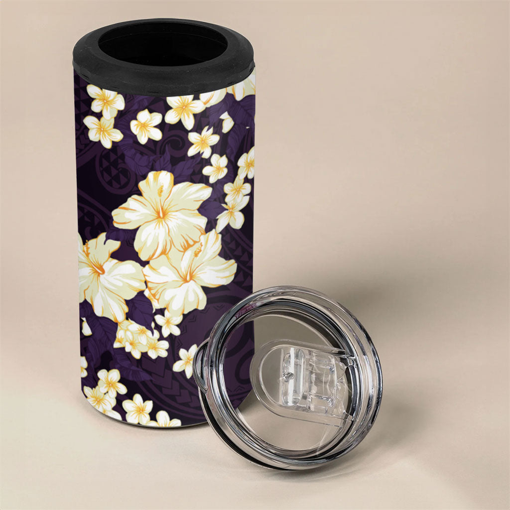 Hawaii Hibiscus Plumeria Purple 4 in 1 Can Cooler Tumbler Polynesian Pattern
