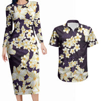Hawaii Hibiscus Plumeria Purple Couples Matching Long Sleeve Bodycon Dress and Hawaiian Shirt Polynesian Pattern LT01 Purple - Polynesian Pride