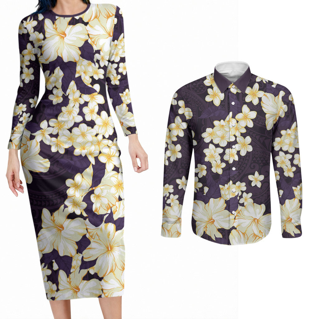 Hawaii Hibiscus Plumeria Purple Couples Matching Long Sleeve Bodycon Dress and Long Sleeve Button Shirt Polynesian Pattern