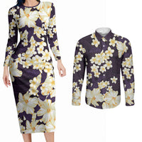 Hawaii Hibiscus Plumeria Purple Couples Matching Long Sleeve Bodycon Dress and Long Sleeve Button Shirt Polynesian Pattern