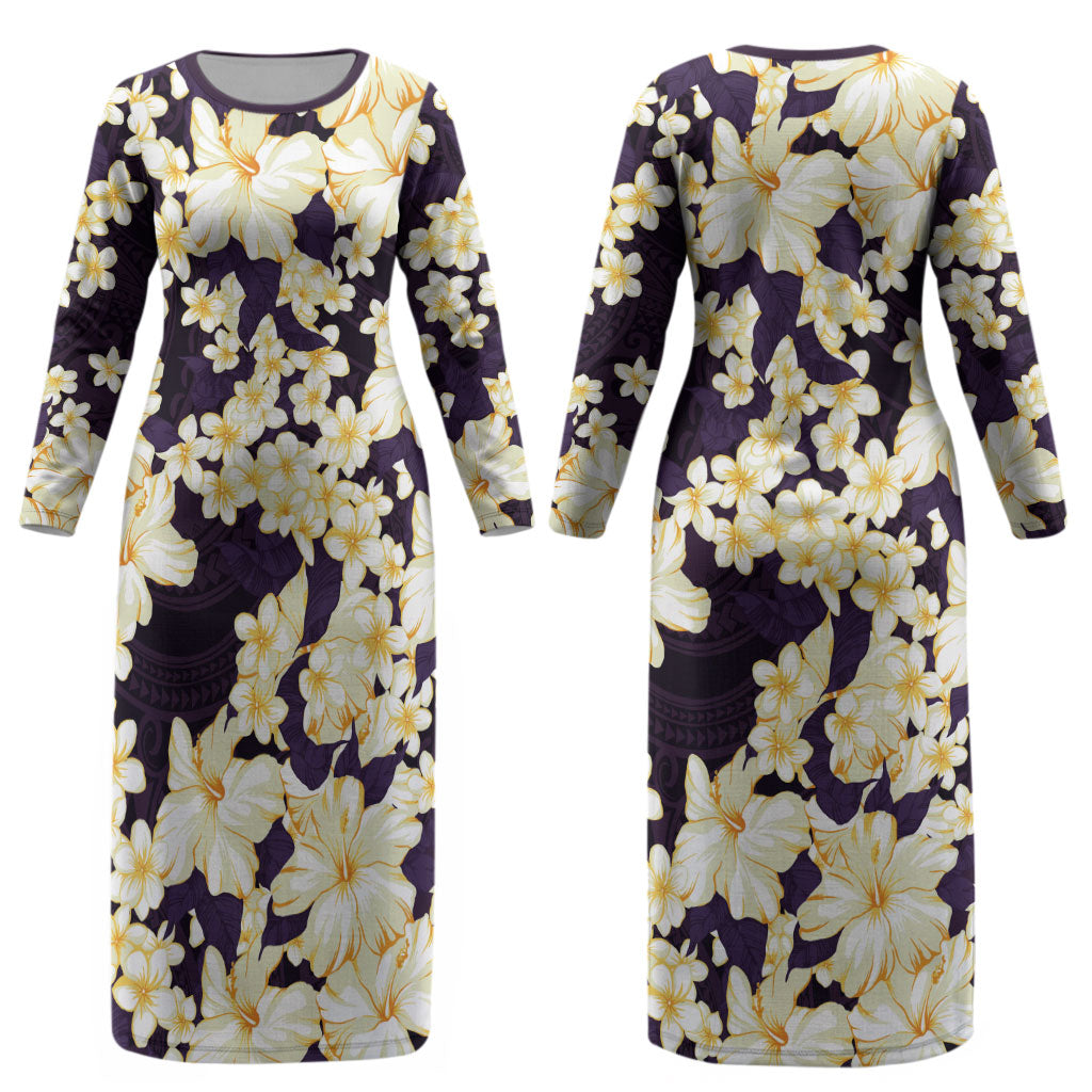Hawaii Hibiscus Plumeria Purple Couples Matching Long Sleeve Bodycon Dress and Long Sleeve Button Shirt Polynesian Pattern