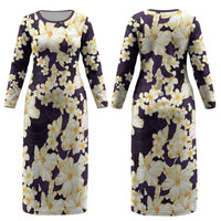 Hawaii Hibiscus Plumeria Purple Couples Matching Long Sleeve Bodycon Dress and Long Sleeve Button Shirt Polynesian Pattern