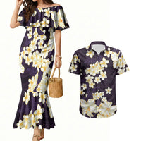 Hawaii Hibiscus Plumeria Purple Couples Matching Mermaid Dress and Hawaiian Shirt Polynesian Pattern