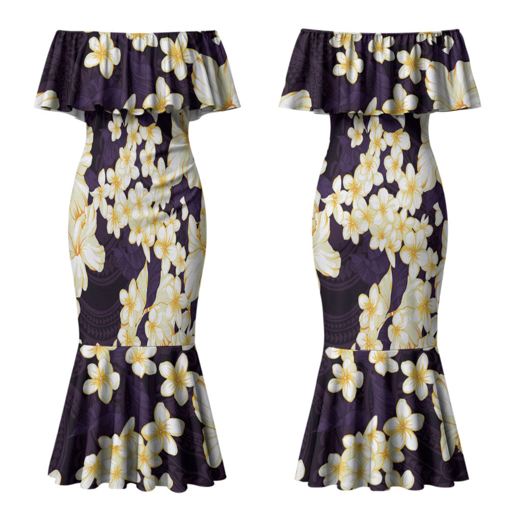 Hawaii Hibiscus Plumeria Purple Couples Matching Mermaid Dress and Hawaiian Shirt Polynesian Pattern