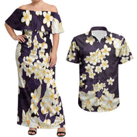 Hawaii Hibiscus Plumeria Purple Couples Matching Off Shoulder Maxi Dress and Hawaiian Shirt Polynesian Pattern
