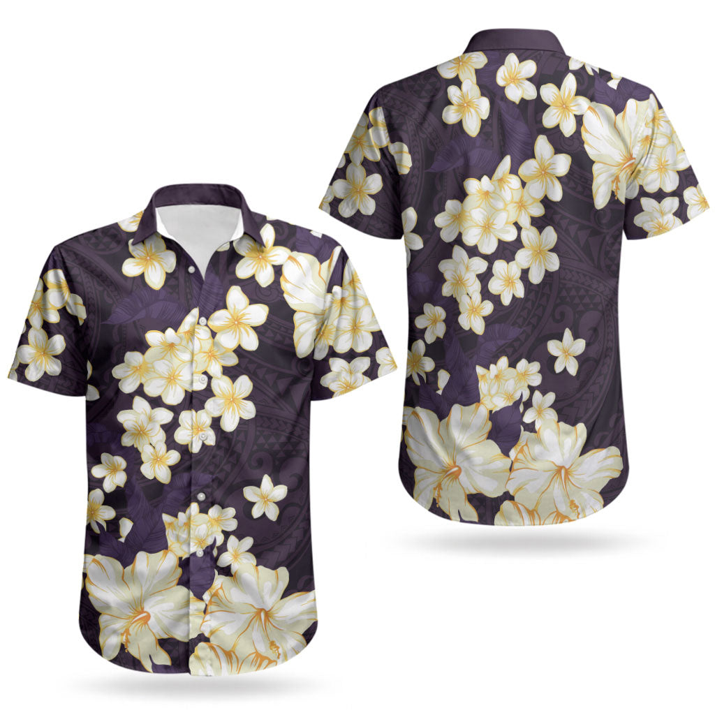 Hawaii Hibiscus Plumeria Purple Couples Matching Off Shoulder Maxi Dress and Hawaiian Shirt Polynesian Pattern