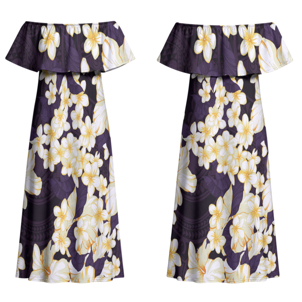 Hawaii Hibiscus Plumeria Purple Couples Matching Off Shoulder Maxi Dress and Hawaiian Shirt Polynesian Pattern