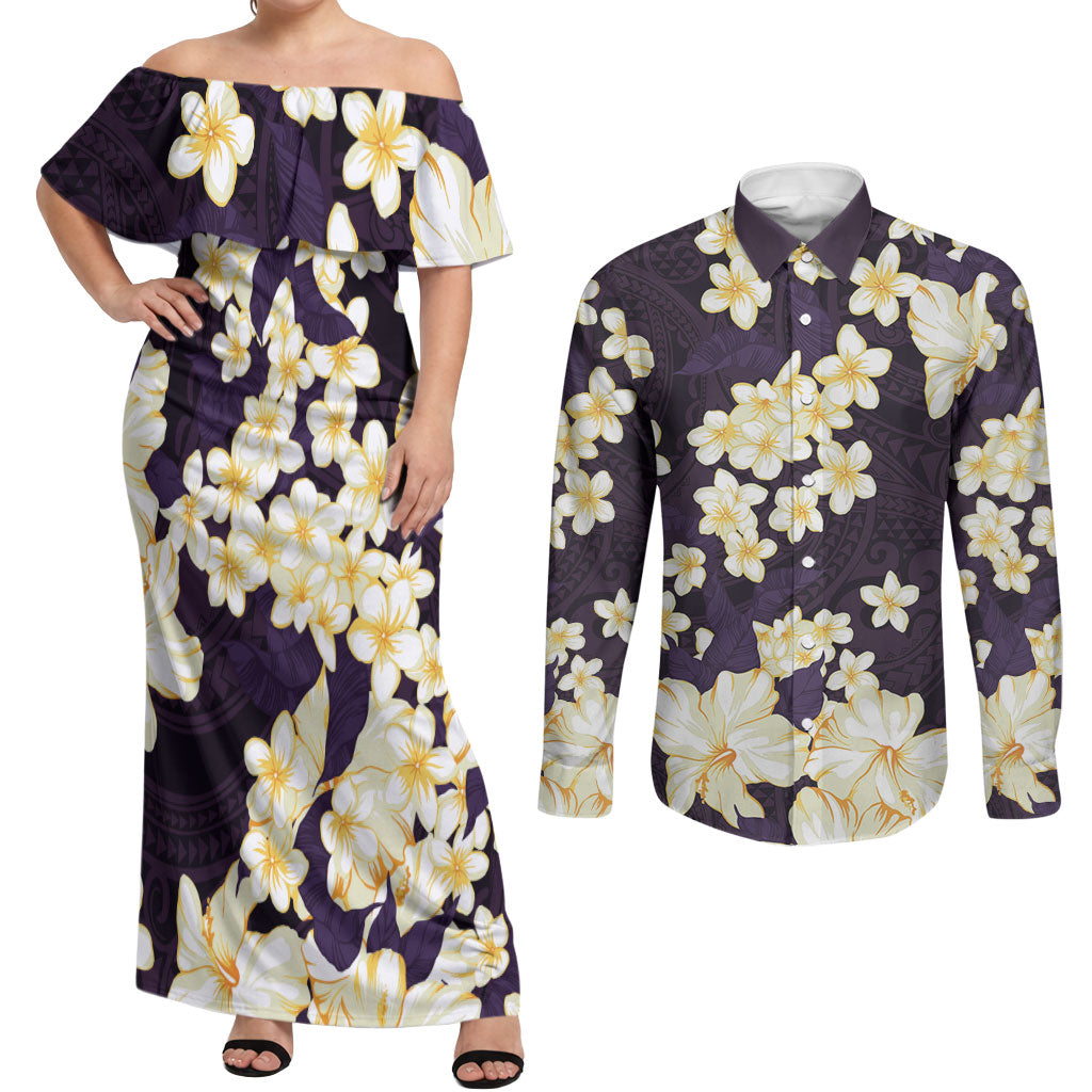 Hawaii Hibiscus Plumeria Purple Couples Matching Off Shoulder Maxi Dress and Long Sleeve Button Shirt Polynesian Pattern