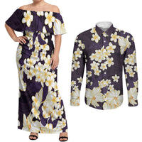 Hawaii Hibiscus Plumeria Purple Couples Matching Off Shoulder Maxi Dress and Long Sleeve Button Shirt Polynesian Pattern