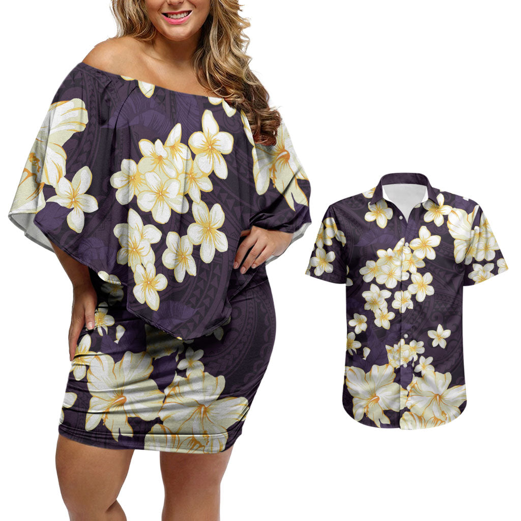 Hawaii Hibiscus Plumeria Purple Couples Matching Off Shoulder Short Dress and Hawaiian Shirt Polynesian Pattern